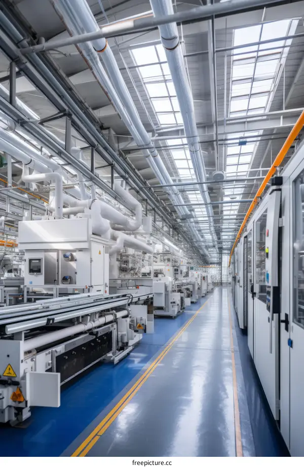 The production line of a factory with machines and conveyor belts