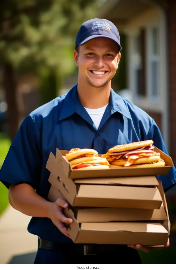 Delivery man holding boxes of pizza