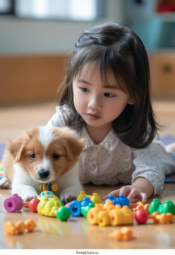 Asian toddler girl playing with a puppy