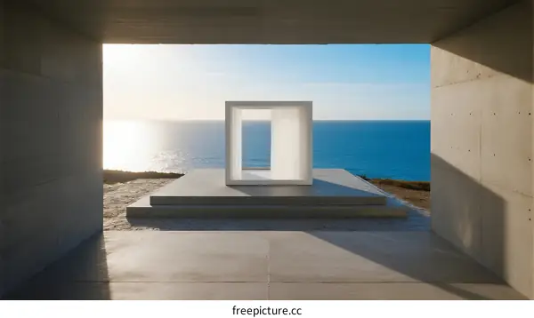 Minimalist White Cube Structure Overlooking Calm Ocean