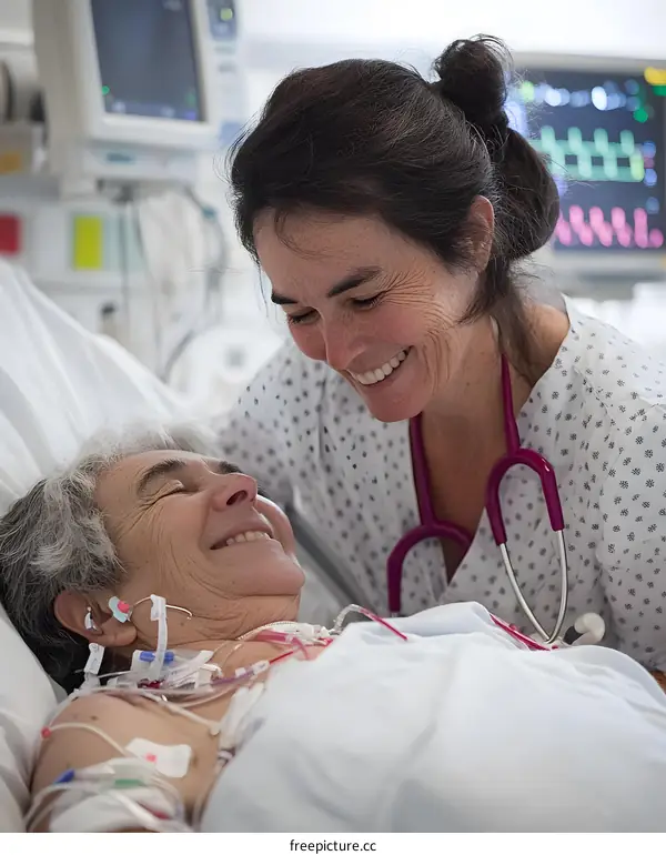 Smiling Nurse Caring for Elderly Patient in Hospital Bed