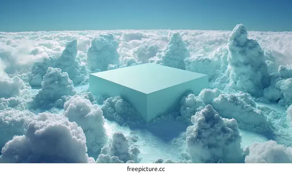 Abstract Cloud Landscape with a Teal Cube