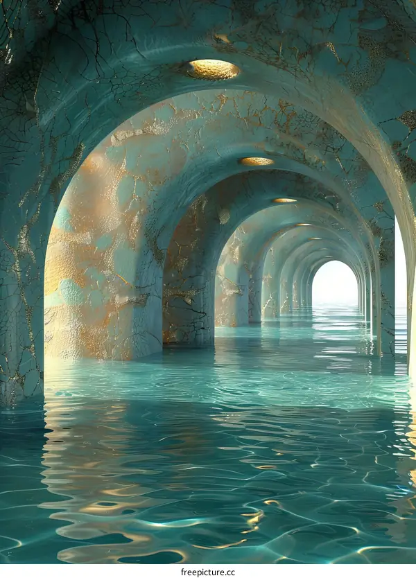 Surreal Flooded Hallway with Green Marble Columns