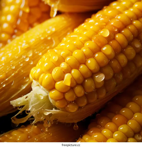 Close-up of yellow corn on the cob with water droplets