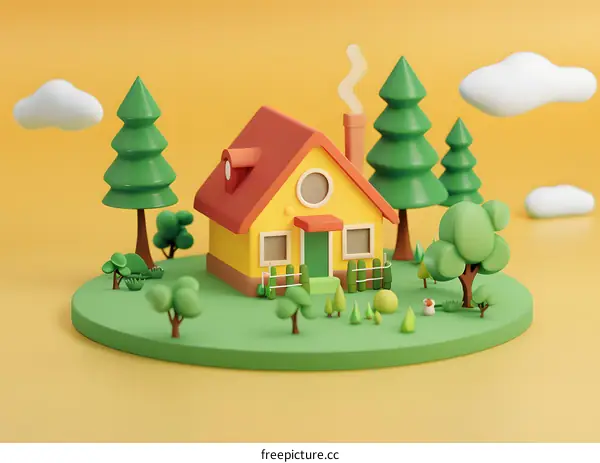3D Illustration of a Yellow House with Green Trees