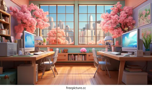 Pink Cherry Blossom Room with City View and Two Computers
