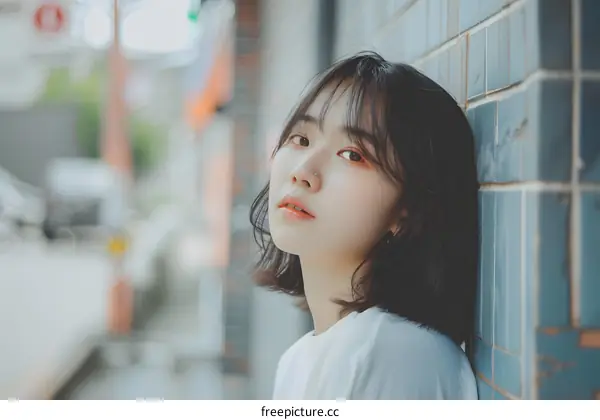 Portrait of a Young Asian Woman Leaning Against a Wall