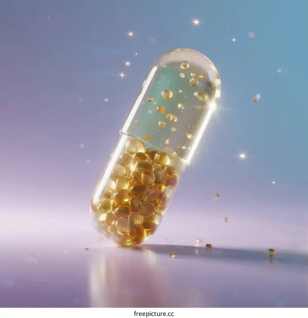 Transparent Pill Capsule Containing Golden Pills with Sparkles