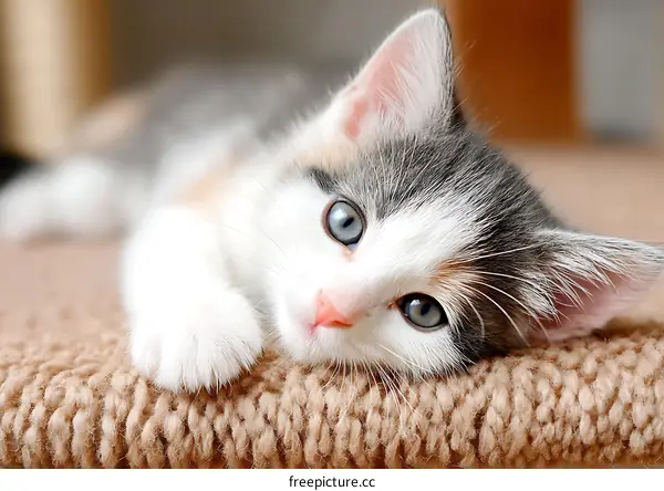 Adorable Kitten Lying on Knitted Surface
