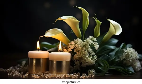 Elegant still life with white calla lilies and burning candles
