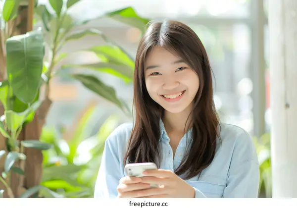Smiling Asian Woman Holding Phone with Green Plants Background