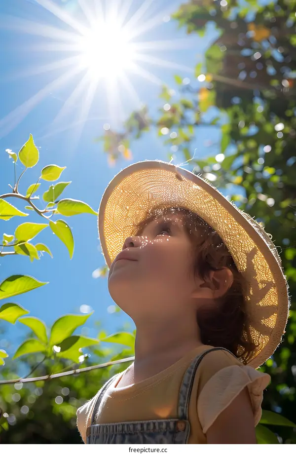 Little girl in a straw hat looking up at the sun