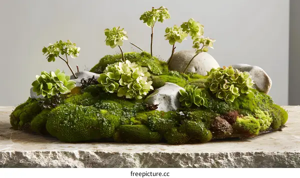 Closeup of a Mossy Miniature Garden with Rocks and Green Flowers