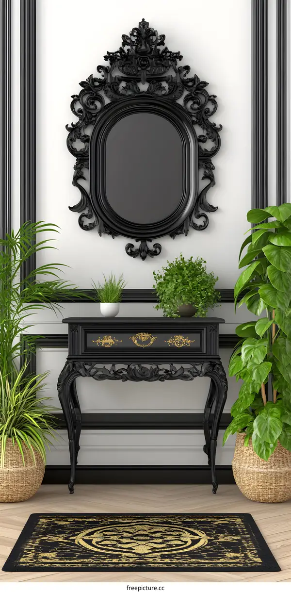 Black Ornate Console Table With Plants In Modern Interior Design