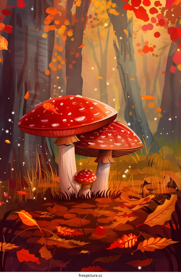 Autumn Forest with Red Mushrooms