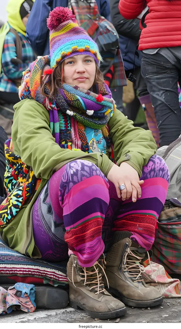 Woman Wearing Colorful Knitted Hat and Scarf