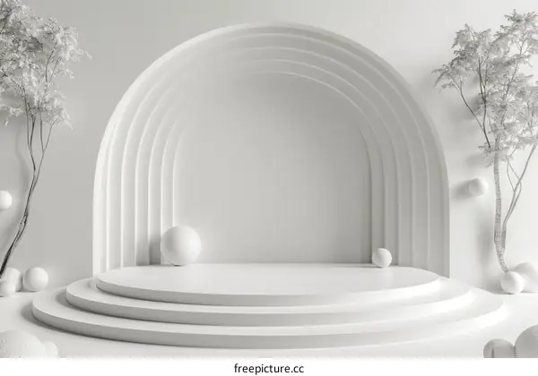 Minimalist White Stage Display with Decorative Plants