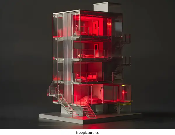 Modern Glass House Architecture Model with Red Lighting