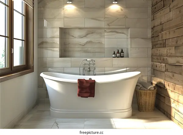 Freestanding Bathtub with Wood Look Backsplash Tile