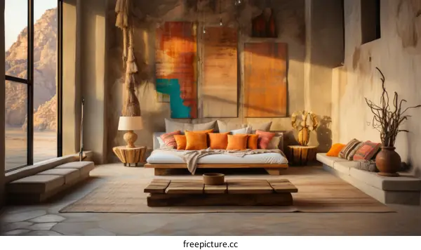 Desert luxury hotel room interior with stylish furniture and accessories