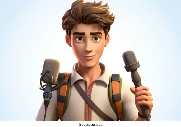 Young male reporter with a microphone