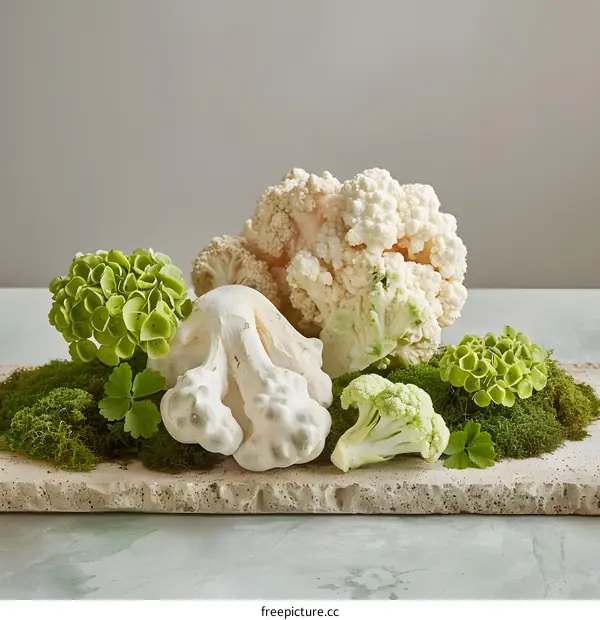 White Cauliflower and Green Moss Still Life Photography