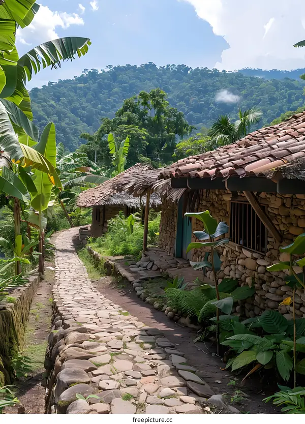 Stone Pathway through Lush Tropical Village