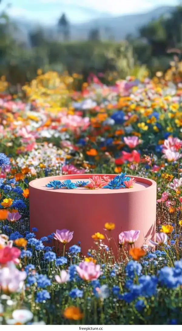 Colorful Flower Field with Pink Cylindrical Structure