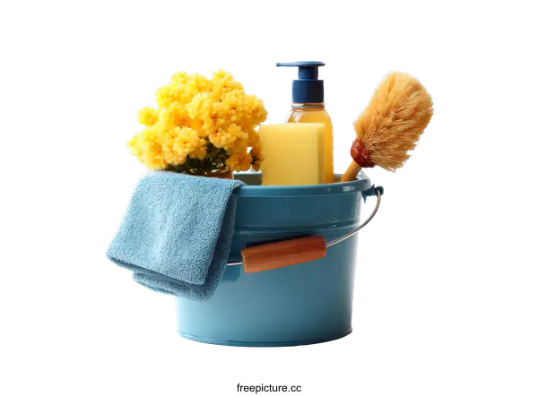 [Transparent Background PNG]Cleaning Supplies in a Blue Bucket