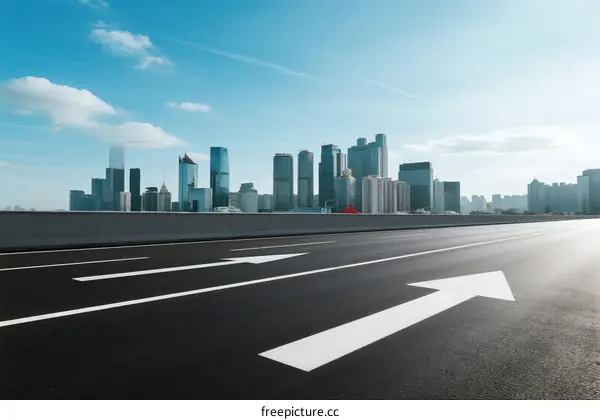 Urban road with clear arrow marking leading to modern city skyline