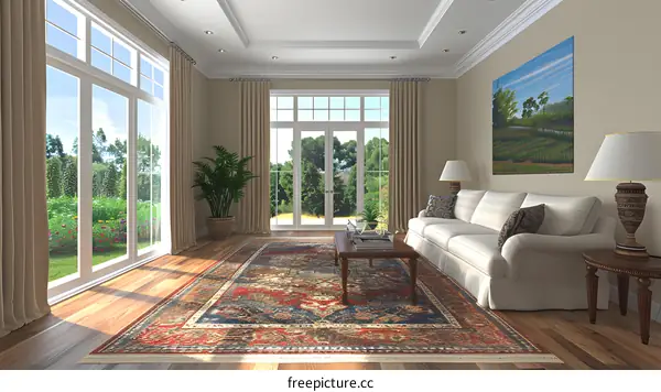 Modern Living Room Interior Design with Large Windows and Beige Walls