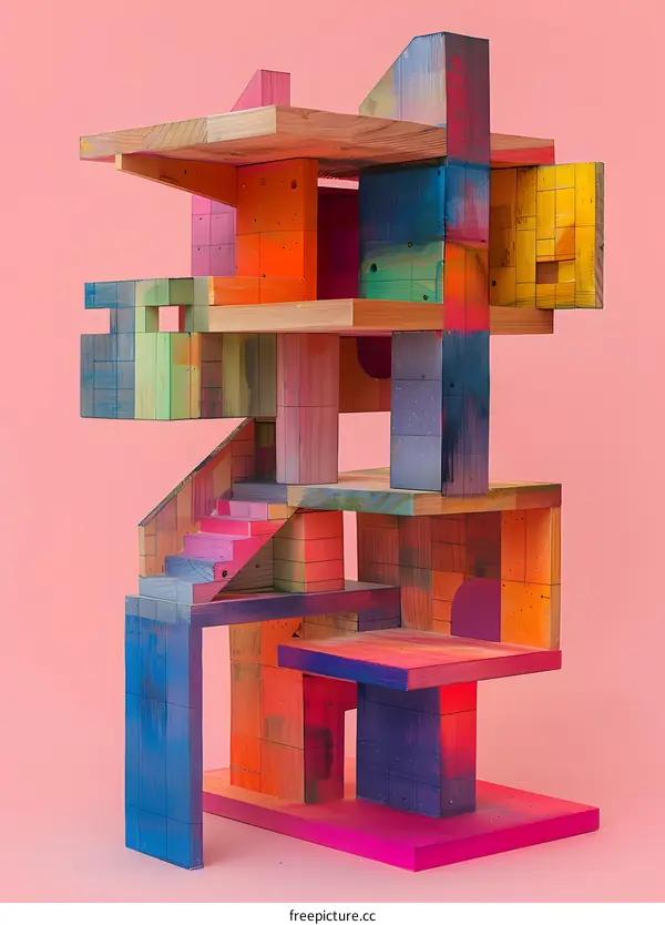 Colorful wooden blocks stacked in a geometric pattern against a pink background
