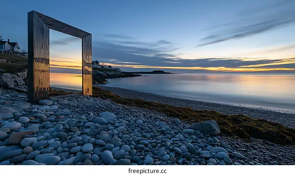 Sunrise Reflection in a Mirror Frame on a Pebble Beach