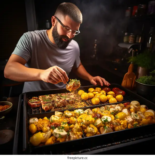 Bearded man seasoning food on a grill
