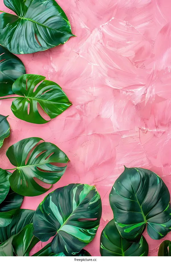 Pink Wall With Green Tropical Leaves Background