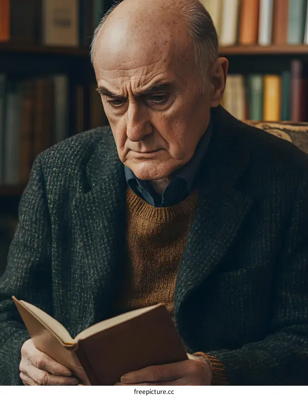 Senior Man Reading Book in Library