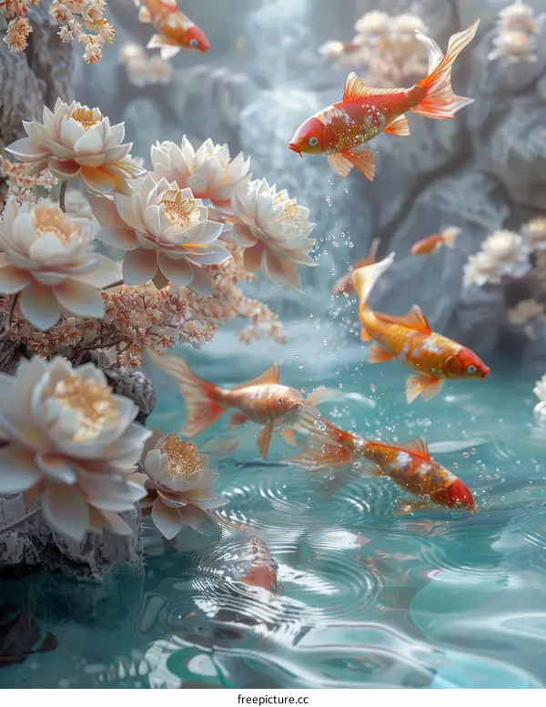 Colorful koi fish and white lotus flowers in a blue pond