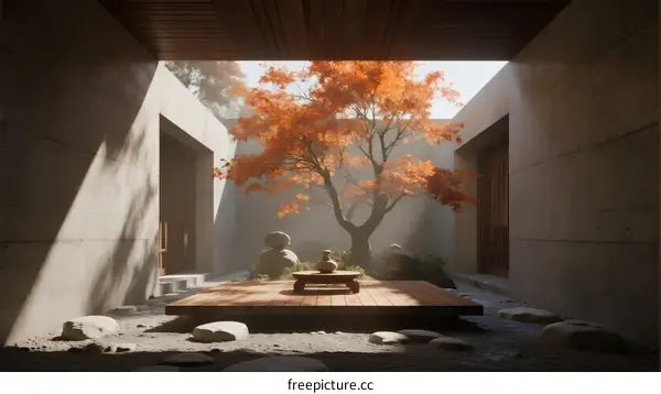 Peaceful Zen Courtyard with Orange Maple Tree and Stone Garden