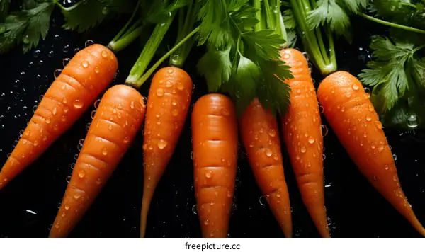 Carrots with Green Leaves on Black Background
