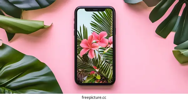 Pink Flower Phone Screen On Pink Background With Green Leaves