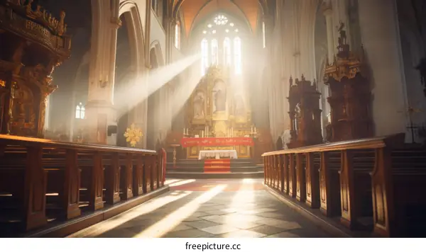 Sunlight Streaming Through Stained Glass in a Church