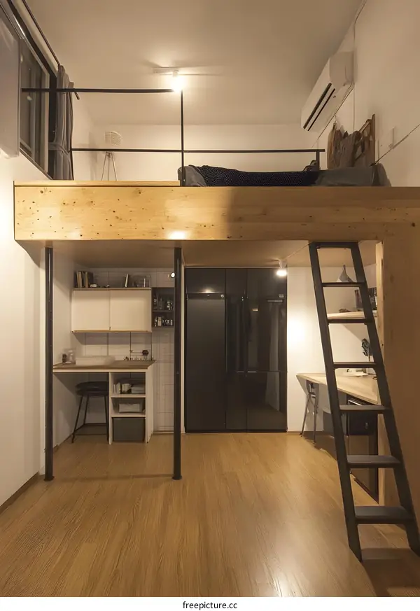 Modern Loft Apartment with Wooden Floor and Black Refrigerator