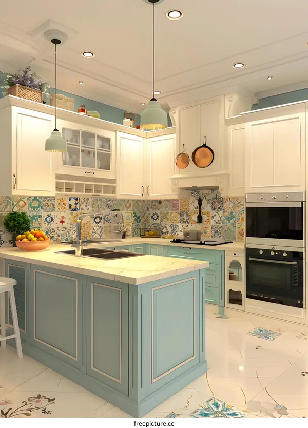 Modern Kitchen Interior Design with White Cabinets and Blue Island