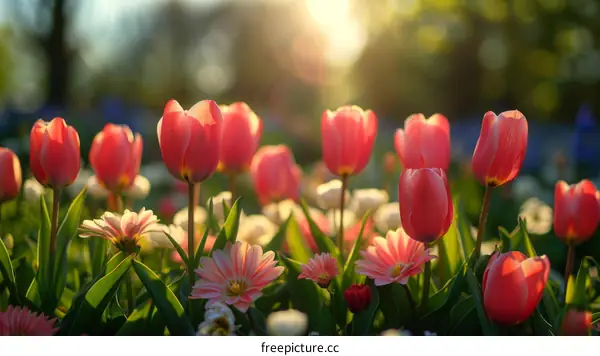 Blooming Red and Pink Flowers Field with Green Leaves and Long Stems