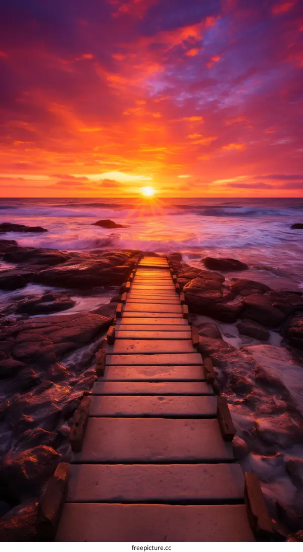 Wooden dock leading into the ocean at sunrise