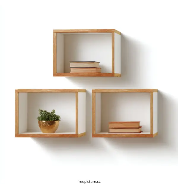 Modern Wooden Wall Shelves with Books and Plant