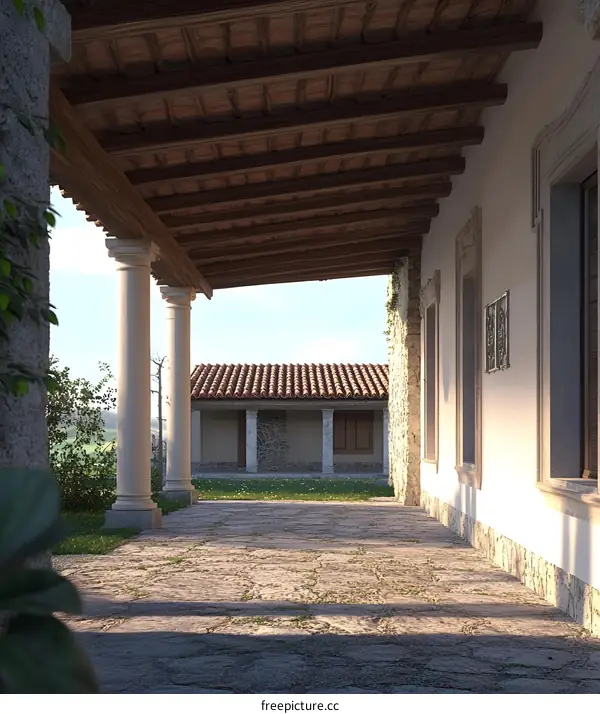 Mediterranean Style Villa with Wooden Beams and Stone Patio