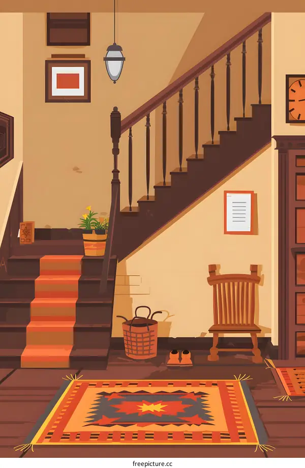 Wooden Staircase in an Old House with a Rug and a Chair