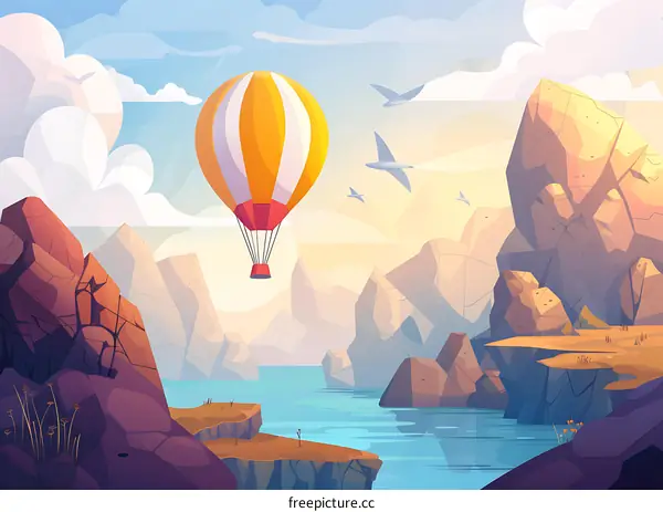 Hot Air Balloon Flying Over Mountains Landscape Illustration