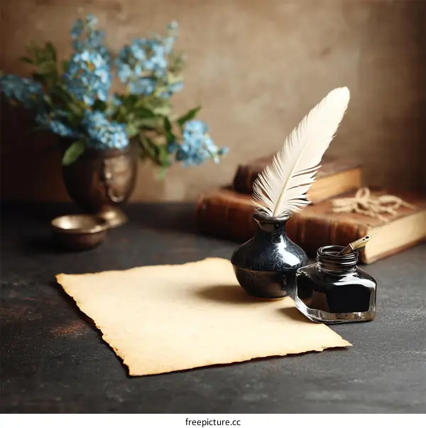 Vintage Writing Desk Setting with Quill and Inkwell